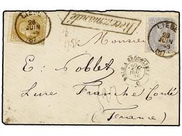 206 BELGICA. Of.31, 32. 1876. LIEGE To FRANCE. Envelope Franked With <B>20 Cts. </B>blue And <B>25 Cts.</B> Olive Stamps - Sonstige & Ohne Zuordnung