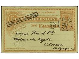 316 CONGO BELGA. 1907. <B>15c.</B> Provisional Postal Stationery Card (reply Half) To ANTWERP Cancelled <B>BOMA</B> Date - Autres & Non Classés