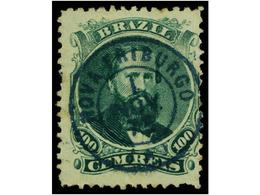 437 ° BRASIL. Sc.58. 1866. <B>100 Reis</B> Verde. Mat. Fechador <B>NOVA FRIBURGO</B> En <B>AZUL</B>. MAGNÍFICO. - Otros & Sin Clasificación