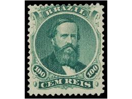 440 (*) BRASIL. Sc.58b. 1866. <B>100 Reis</B> Verde, Sin Goma<B> PAPEL AZULADO.</B> MAGNÍFICO. - Otros & Sin Clasificación