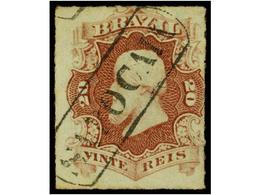 448 ° ESPAÑA. Sc.62. 1876-77. <B>20 Reis</B> Rosa Lila. Mat. Lineal <B>SAPOCAIA</B> (Meyer 1492). - Otros & Sin Clasificación