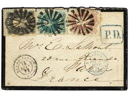 516 BRASIL. Sc.54, 58, 59. 1873. RÍO DE JANEIRO A FRANCIA. <B>20 Reis </B>rojo Lila, <B>100 Reis</B> Verde Y <B>200 Reis - Sonstige & Ohne Zuordnung