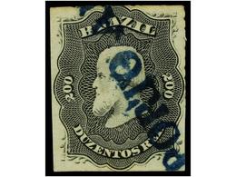 521 ° BRASIL. Sc.66. 1876-77. <B>200 Reis</B> Negro. Mat. Lineal <B>PORTO ALE</B> En Azul (Meyer P/RS/5). - Other & Unclassified