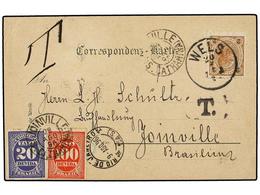 580 BRASIL. 1896. WELS (Austria) A JOINVILLE (Brasil).<B>2 Kr. </B>castaño, Tasada Con Sellos De <B>20 Cts.</B> Azul Y < - Sonstige & Ohne Zuordnung