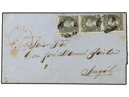 657 CHILE. Sc.16(3). 1868. CHILLAN A ANGUL. <B>2 Ctvos.</B> Gris, Tira De Tres, Franqueo De 6 Ctvos., 1 Ctvo. En Exceso  - Otros & Sin Clasificación