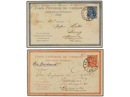 673 CHILE. 1881. 2 Enteros Postales De <B>3 Ctvos. </B>rojo Y<B> 4 Cts. </B>azul Circulados A Alemania. - Otros & Sin Clasificación