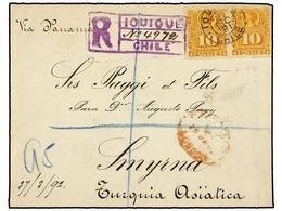 697 CHILE. Sc.29 (2). 1891. FRONTAL. IQUIQUE A SMYRNA (Turquía). <B>10 Cts.</B> Naranja (2) Circulada Por Correo Certifi - Otros & Sin Clasificación