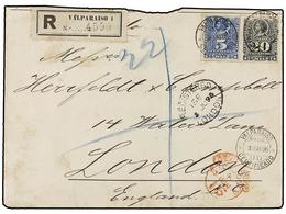 736 CHILE. Sc.28, 31. 1895. VALPARAISO A LONDRES. <B>5 Cts.</B> Azul Y <B>20 Cts.</B> Gris, Carta Certificada, Al Dorso  - Other & Unclassified