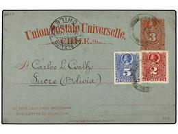 753 CHILE. Sc.38, 28. 1897. SANTIAGO A SUCRE (Bolivia). Entero Postal De <B>3 Cts.</B> Carmín Con Franqueo Adicional De  - Sonstige & Ohne Zuordnung