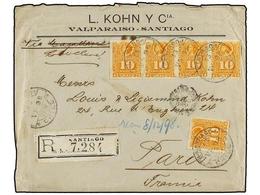 767 CHILE. Sc.29 (5). 1898. SANTIAGO A PARÍS. <B>10 Ctvos.</B> Amarillo (5), Carta Certificada, Al Dorso Llegada. - Sonstige & Ohne Zuordnung