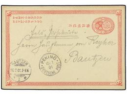 848 CHINA. 1901 (Jan 15). Imperial Chinese <B>1c.</B> Pink On Buff Postal Stationery Card Used To BAUTZEN Cancelled By G - Other & Unclassified