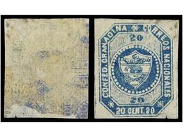 878 * COLOMBIA. Yv.9. 1860. <B>20 Ctvos.</B> Azul. Impresión Calcada Al Dorso, Adelgazamientos En La Parte Inferior. RAR - Autres & Non Classés
