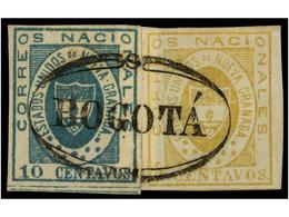 881 ° COLOMBIA. Yv.11 Y 12. 1861. <B>5 Ctvos.</B> Amarillo Y <B>10 Ctvos.</B> Azul. Ejemplares Sueltos, Mat. <B>BOGOTA.< - Otros & Sin Clasificación