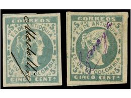 888 ° COLOMBIA: ANTIOQUIA. Yv.27b (2). 1879. <B>ANTIOQUIA. 5 Cts.</B> Verde, Papel 'VERGE'. 2 Sellos Con Mat. Manuscrito - Autres & Non Classés