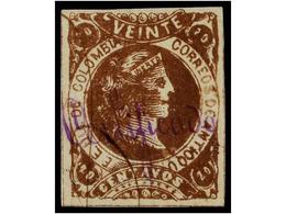 889 * COLOMBIA: ANTIOQUIA. Yv.32a. 1882. <B>ANTIOQUÍA. 20 Ctvos.</B> Marrón. Papel 'VERGE', Mat. Manuscrito <B>'Certific - Other & Unclassified