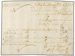 909 COLOMBIA. 1795 (28 Marzo). <B>RECIBO</B> Del Porte Del Correo De '2 Cartas FRANCAS' Y '2 Cartas De Deve' Con Un Tota - Autres & Non Classés