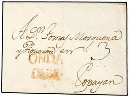 917 COLOMBIA. (1820 CA.). Envuelta Circulada A POPAYAN. Marca<B> ONDA/DEBE</B> En Rojo. - Otros & Sin Clasificación