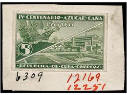 1122 CUBA. 1935. <B>IV CENT. AZUCAR-CAÑA. 5 Cts.</B> Verde <B>PRUEBA</B> Montada Sobre Cartón. MAGNIFICA Y MUY RARA. - Autres & Non Classés