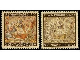 1172 ** CUBA. Ed.733ef. 1958. <B>2 Ctvos.</B> Multicolor <B>FALTA EL COLOR ROSA Y EL AZUL. </B>RARO Y No Reseñado. Cert. - Sonstige & Ohne Zuordnung