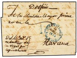 1250 CUBA. 1854. SANTIAGO DE LAS VEGAS A HABANA. Fechador <B>SANTIAGO/ISLA DE CUBA</B> En Azul Con La Fecha '14 Septbr.' - Sonstige & Ohne Zuordnung