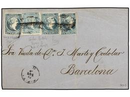 1255 CUBA. Ant.7F (4). 1860. FRONTAL. HABANA A BARCELONA.<B> 1/2 Real</B> Azul<B> FALSO POSTAL </B>tipo II, Cuatro Sello - Other & Unclassified