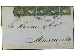 1256 COLONIAS ESPAÑOLAS: CUBA. 1860. HABANA A MANZANILLO.<B> 1/2 Real</B> Azul, Tira De Cuatro Más Uno Suelto, Franqueo  - Otros & Sin Clasificación