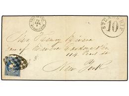 1262 CUBA. Ant.7. 1863. MANZANILLO A NEW YORK. <B>1/2 Real</B> Azul. Mat. <B>PARRILLA COLONIAL</B> Y Fechador <B>MANZANI - Sonstige & Ohne Zuordnung