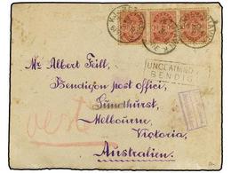 1394 DINAMARCA. 1892 (Feb 22). Cover To BENDIGO (Victoria, Australia) Franked By 1885 <B>10ö.</B> Carmine Strip Of Three - Sonstige & Ohne Zuordnung