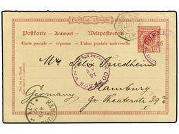 1424 DOMINICANA. 1892. Reply Card: Return Half Of German <B>10 Pf.</B> Reply Sent Back To Hamburg In Germany With <B>COR - Other & Unclassified