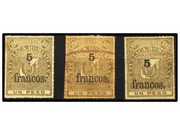 1434 */° REPUBLICA DOMINICANA. Yv.60 (3). 1883. <B>5 Francos S. 1 Peso</B> Bronce Dorado, Sello Nuevo Y Dos En Usado, Un - Sonstige & Ohne Zuordnung