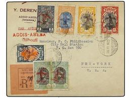 1497 ETIOPIA. 1929 (26-XII). ADDIS To NEW YORK Via Djibouti. <B>FIRST FLIGHT.</B> Franked By Type 3 Mixed Colours Overp. - Otros & Sin Clasificación