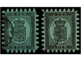 1522 ° FINLANDIA. Mi.6Cx (2). 1866. <B>8 P.</B> Black On Green. Two Stamps. Michel.500?. - Andere & Zonder Classificatie