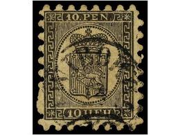 1526 ° FINLANDIA. Mi.7Ax. 1866. <B>10 P.</B> Black On Salmon. One Perforation Short. Light Crease In Two Perf. Michel.1. - Andere & Zonder Classificatie