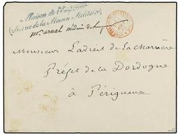 1754 FRANCIA. 1865. Envelope To PERIGUEUX With<B> BAU. DE PALAIS DE FONTAINEBLEAU</B> En Red And <B>MAISON DE L'EMPEREUR - Other & Unclassified