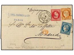 1832 FRANCIA. Ed.32, 37, 38. 1871. PARIS A MADRID. <B>40 Cts.</B> Naranja Y <B>80 Cts.</B> Rojo, Triple Porte Más<B>20 C - Other & Unclassified