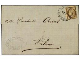 1867 FRANCIA. Yv.56. 1875. MARSELLA A VALENCIA. <B>30 Cts.</B> Castaño. Mat. Circular <B>ADMON. DE CAMBIO/010/BARCELONA< - Other & Unclassified