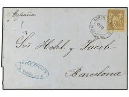 1875 FRANCIA. Yv.69. 1877. MARSELLA A BARCELONA. <B>30 Cts.</B> Castaño. Mat. Circular <B>ADMON. DE CAMBIO/010/BARCELONA - Other & Unclassified