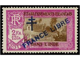 2089 * INDIA FRANCESA. Yv.162a. <B>2 Fr </B>+ <B>12 Fr. </B>Variedad De Habilitación. - Otros & Sin Clasificación