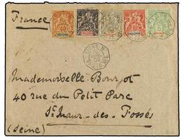 2105 INDOCHINA. 1903 (April 10). Colourful Cover To FRANCE Bearing 1892-1900 Type Sage <B>5c.</B> Yellow Green, <B>10c.< - Autres & Non Classés