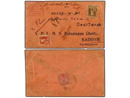 2110 INDOCHINA. 1913. THEKKUR (India) To SAIGON. <B>1 Anna</B> Red, Taxed On Arrival With <B>1 Cts.</B> Red And <B>20 Ct - Other & Unclassified