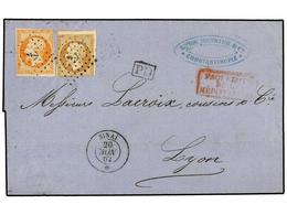 2128 LEVANTE: CORREO FRANCES. 1862. CONSTANTINOPLA A LYON. <B>10 Cts.</B> Bistre Y <B>40 Cts.</B> Naranja. Mat. <B>ANCLA - Autres & Non Classés