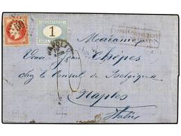 2142 LEVANTE: CORREO FRANCES. 1870 (13 Apr.). Envelope From CONSTANTINOPLE To NAPLES, Bearing 1867 <B>80 C.</B> Carmine  - Otros & Sin Clasificación