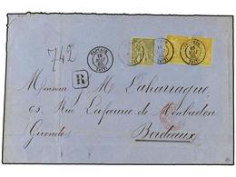 2302 TAHITI. 1885 (May 16). Registered Cover To Bordeaux Franked By General Issues 1881 <B>25c</B>. Yellow On Straw Pair - Other & Unclassified