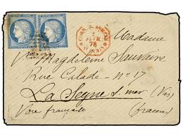 2337 REUNION. 1878 (Feb 2). Cover To FRANCE Franked By Imperforate General Issues <B>25 C.</B> Blue (2), Somewhat Staine - Andere & Zonder Classificatie