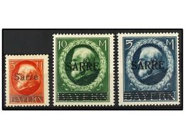 2354 * SARRE. Yv.29/31. 1920. <B>3 M.</B> Red, <B>5 M.</B> Blue And <B>10 M.</B> Green, Hinged. Cert. A. DIENA. Yvert.1. - Otros & Sin Clasificación