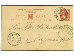 2419 ZANZIBAR. 1901 ((July 16). <B>1a.</B> Red On Buff Postal Stationery Card Used To BAGAMOYO, Unusually Cancelled By < - Andere & Zonder Classificatie