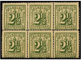 2449 **/* ALEMANIA ANTIGUOS ESTADOS: HAMBURGO. Mi.14II (6). 1866. <B>2 1/2 S.</B> Green. Block Of Six, Original Gum (2 N - Autres & Non Classés