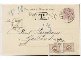 2547 ALEMANIA. 1889. REMSCHEID To SWEDEN. <B>5 Pf.</B> Postal Stationary Card Taxed On Arrival With Two <B>5 Ore</B> Swe - Andere & Zonder Classificatie