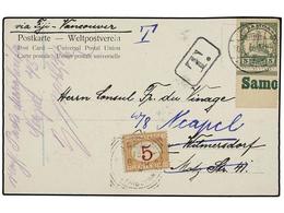 2583 SAMOA. 1910. APIA A ALEMANIA. Tarjeta Postal Con Sello De<B> 5 Pf. </B>verde, Reexpedida A NAPOLES (Italia) Tasada  - Otros & Sin Clasificación