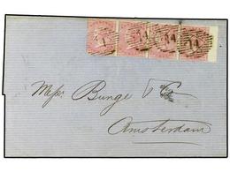 2610 GRAN BRETAÑA. 1857(May 16). Cover To Amsterdam Franked By Very Fine Strip Of Four 1857 <B>4d</B> Rose All Tied By L - Sonstige & Ohne Zuordnung